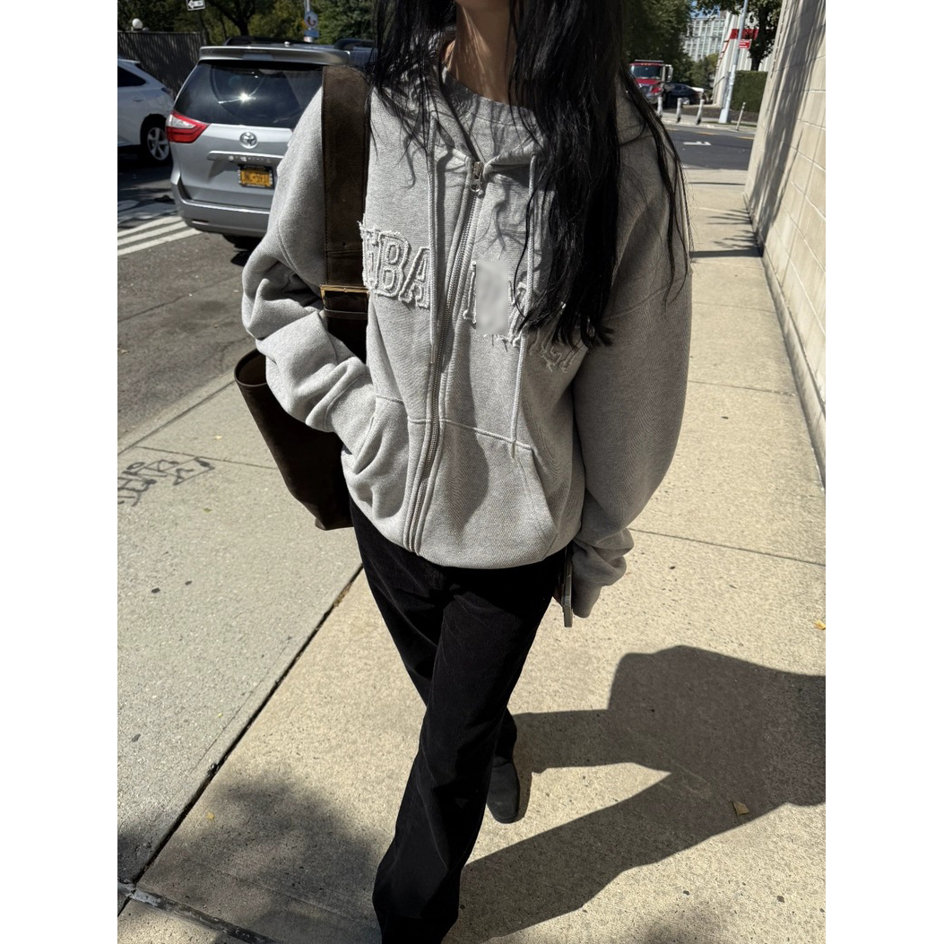 秒发！八奶连帽卫衣外套25冬韩thBar*net贴布抽绳薄绒拉链夹克女