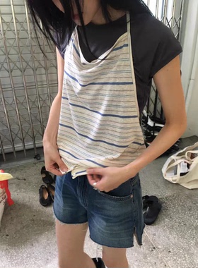 秒发！呼吸家breathe韩系上衣夏新款条纹挂脖吊带+圆领短袖T恤女