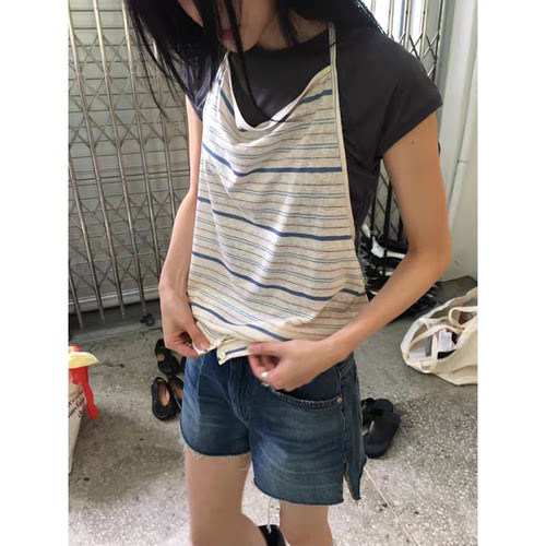 呼吸家breathe韩系上衣两件套夏新款条纹挂脖吊带+圆领短袖T恤女