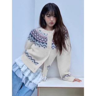 25秋冬季 秒发 提花开衫 英同款 韩国复古圆领费尔岛针织外套女 张元