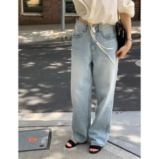 子 韩国宽松高腰休闲显瘦水洗直筒长裤 OUNCE浅蓝色牛仔裤 26春新款