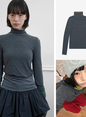 秒发！彩色拼接小高领T恤2026新款韩国设计师noco*tent长袖打底衫