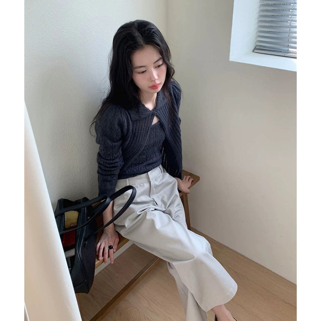 秒发！baby酱同款针织两件套2026秋新款韩国翻领针眼开衫+吊带女