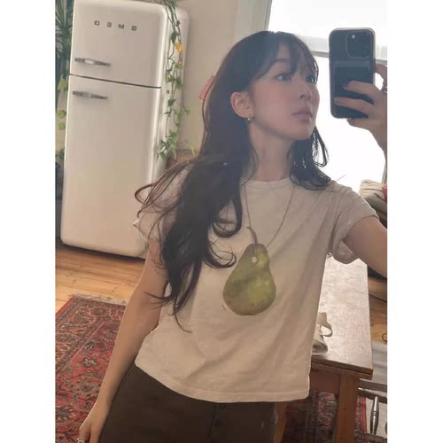 秒发！极简设计感韩果春夏fletta梨子印花宽松棉质短袖T恤上衣女