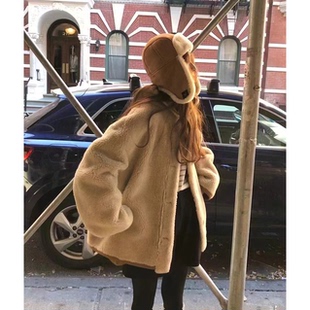 秒发 OUNCE双面穿皮毛一体外套25冬韩国东大门复古羊羔毛上衣女