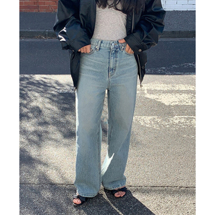 女 2026春韩国做旧设计休闲阔腿长裤 现货 复古通勤设计直筒牛仔裤