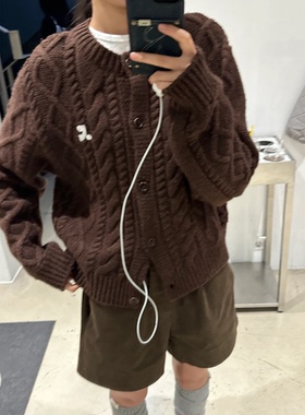 秒发！复古麻花毛衣女2026新款韩国设计师RR圆领羊毛针织开衫外套