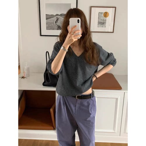 ounce纯色V领针织衫韩国2026秋季新款宽松显瘦休闲百搭套头上衣女