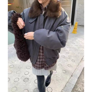 可立领毛领拉链外套女 风90鸭绒羽绒服韩国25冬新款 陆续 复古工装