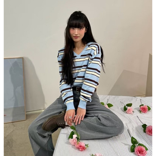 针织衫 韩国2026年春季 学院风百搭V领长袖 减龄美式 撞色上衣女 新款