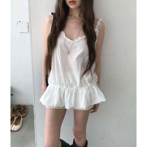 现货！nuese法式荷叶边吊带韩国新款V领蕾丝边抽绳收腰背心上衣女