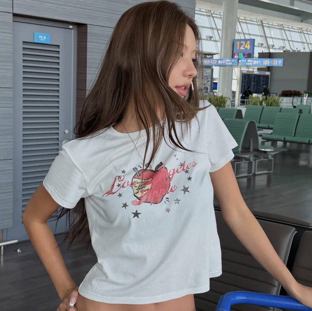 现货！glow*y美式做旧苹果数码印花T恤女26夏季新款宽松短袖上衣