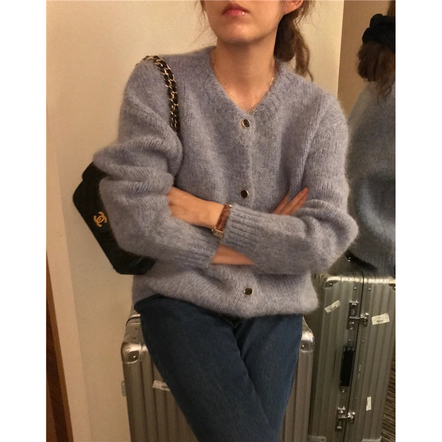 秒发！超温柔25冬季韩国sie*ne宽松休闲羊毛针织开衫圆领毛衣女