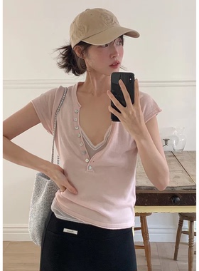 秒发！温柔天花板韩国beginning微透显瘦亨利领短袖针织T恤吊带女