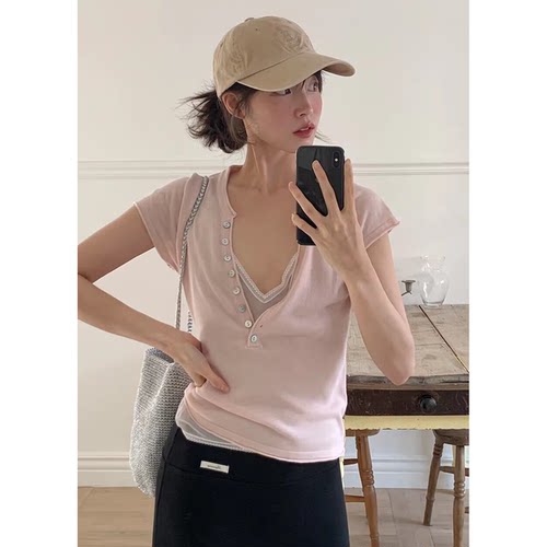 温柔天花板韩国beginning微透显瘦亨利领短袖针织T恤吊带女