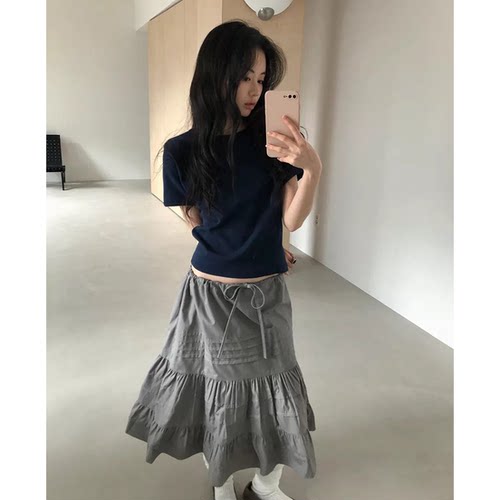 现货！baby酱压褶a字半身裙2026春新款韩国氛围感舒适中长泡泡裙