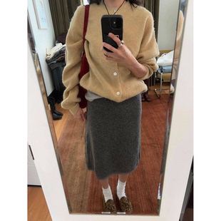 秒发 韩国气质优雅纯色羊毛针织半裙女 baby酱蕾丝边半身裙春新款