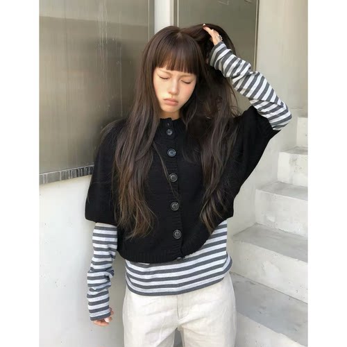 时髦精入韩国oheshio秋新款叠穿蝙蝠袖针织开衫+纽扣半高领T恤女