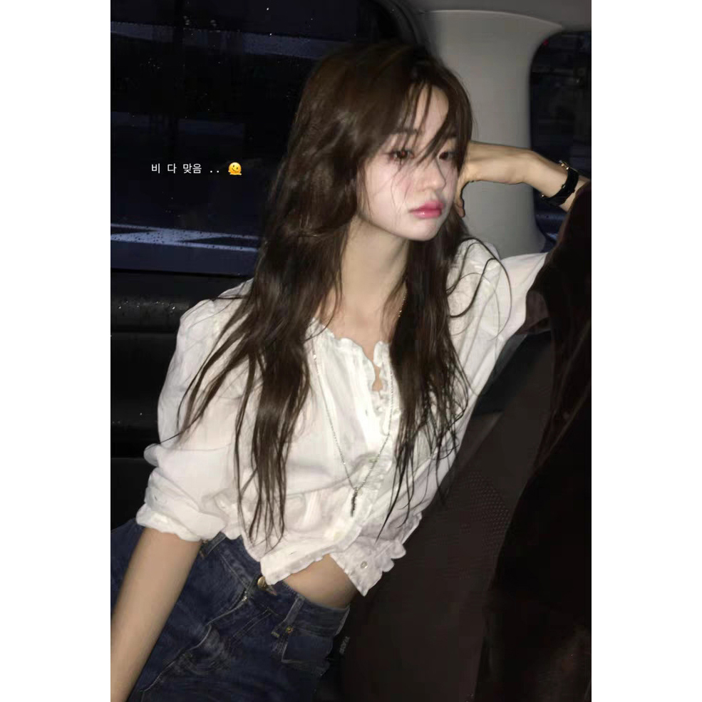 秒发！甜美设计感25秋冬韩国theBar*net木耳边圆领长袖衬衫上衣女