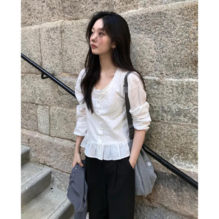 ommoon褶皱下摆长袖 26春韩国letterf 上衣女 荷叶边衬衫 法式