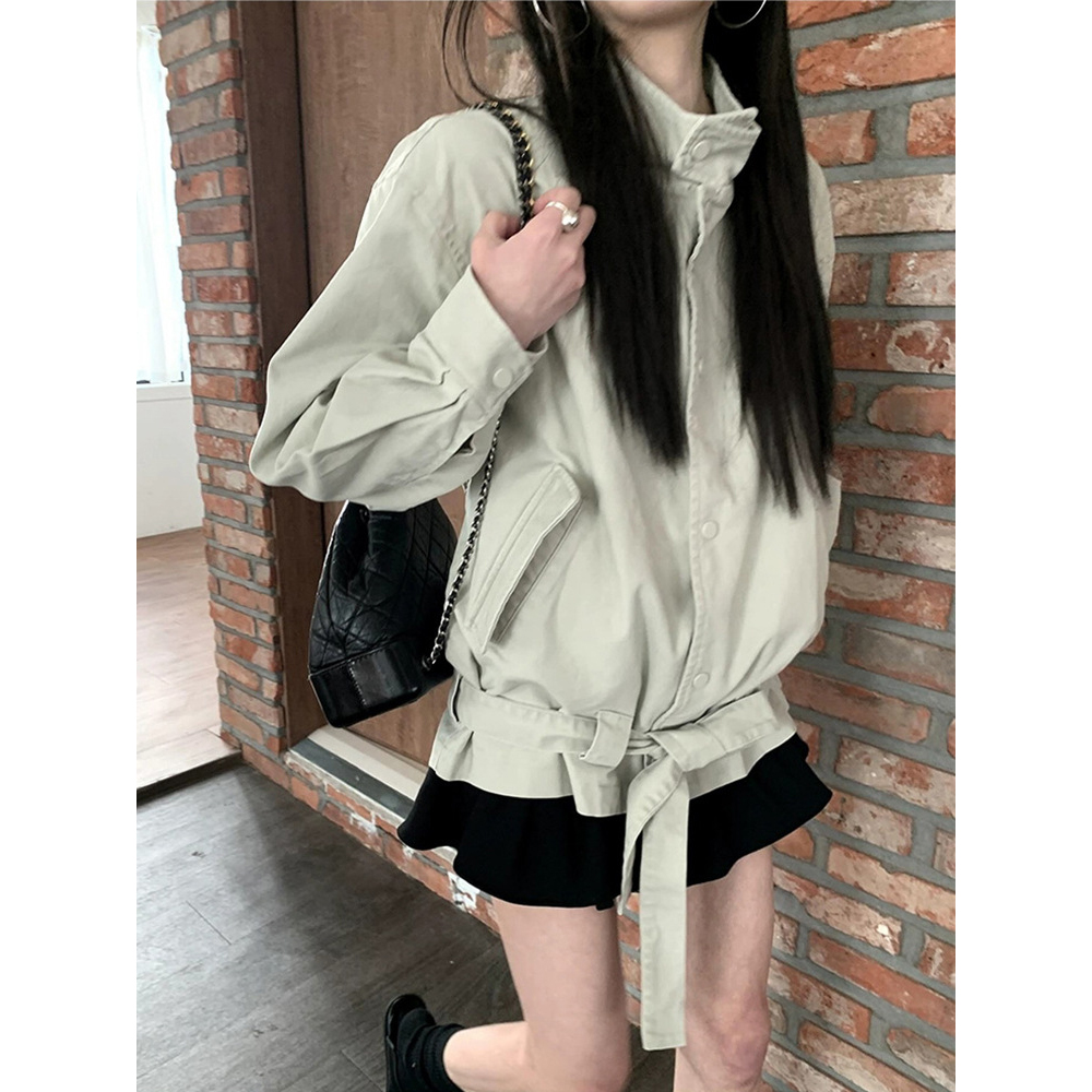 秒发！上身纸片人韩国25秋立领系带宽松夹克外套收腰显瘦短风衣女