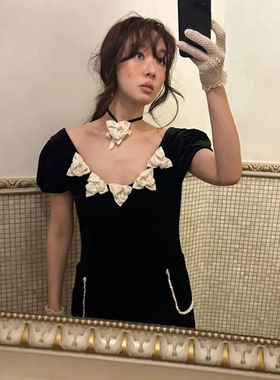 秒发！年会战袍2026巨好看新款韩国fletta立体花朵黑丝绒连衣裙女