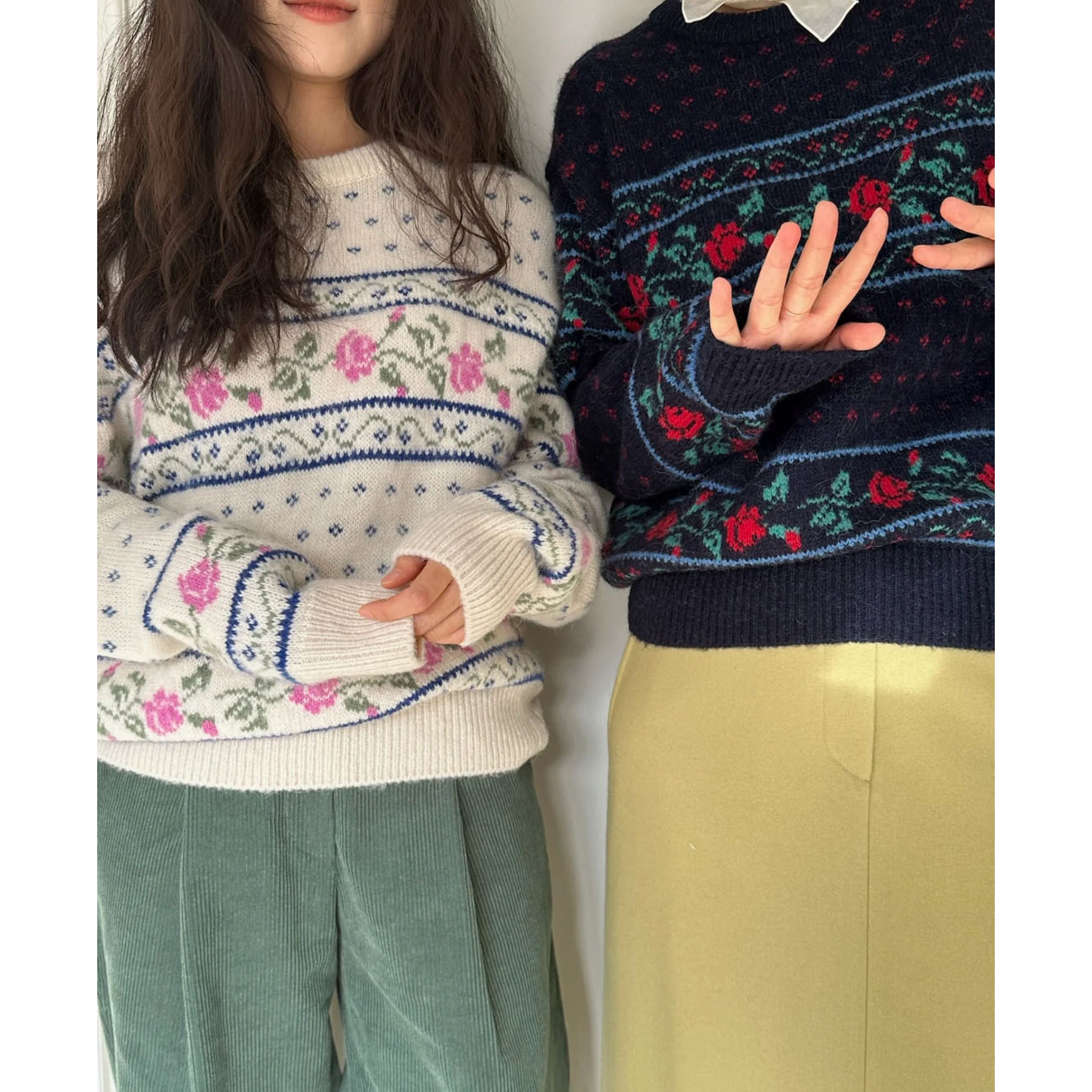 秒发！复古浪漫风25冬韩国sie*ne玫瑰提花设计圆领套头针织衫毛衣