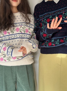 秒发！复古浪漫风25冬韩国sie*ne玫瑰提花设计圆领套头针织衫毛衣