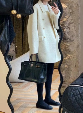 秒发！OUNCE韩国25秋冬气质翻领双排扣中长苏力羊毛大衣外套女