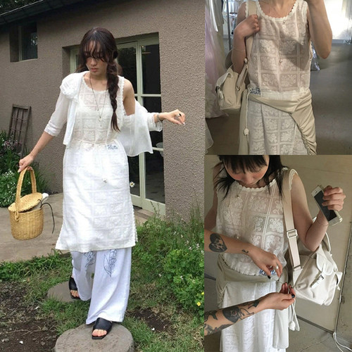 现货！fletta镂空系带蕾丝背心裙韩国夏复古花边设计无袖连衣裙女