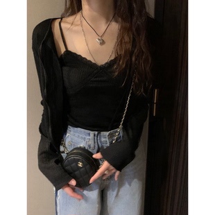 秒发!蕾丝纹理感吊带针织开衫两件套女26春夏韩系ins套装post*r