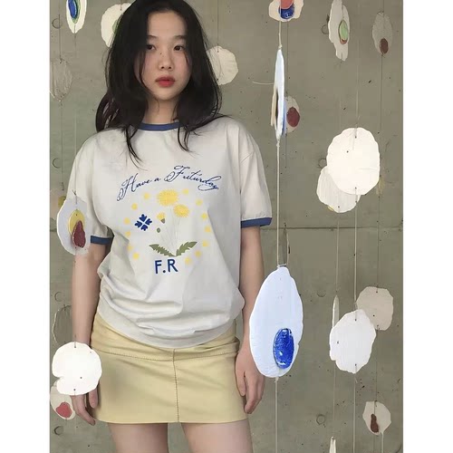 fritur印花棉T恤2026夏新款韩国休闲简约宽松舒适套头短袖上衣女