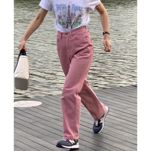 长裤 秒发 mood休闲高腰百搭粉色直筒牛仔裤 est 子 韩国25秋冬mo