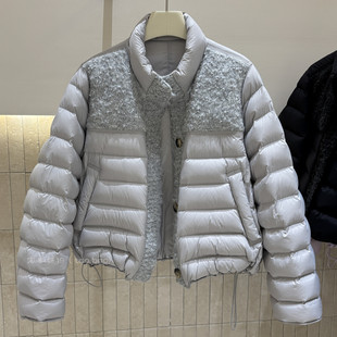 小个子短款羽绒服女立领毛呢拼接新国标90白鸭绒外套冬装新款2025