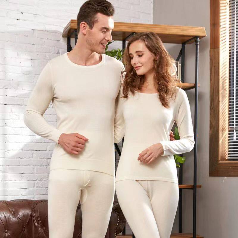 纯然坊100%山羊绒内衣套装 白色长袖男士女士内衣保暖套装打底衣