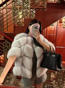 韩国东大门代购高端皮草五分袖外套真毛狐狸毛皮