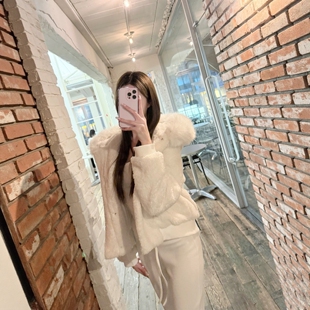 韩国东大门代购秋冬羊羔毛短外套连帽棉服