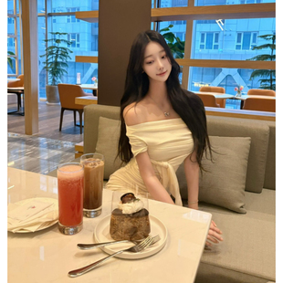 韩国东大门代购 连衣裙 蝴蝶结露肩短袖