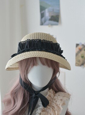 夏钟型草帽镂空褶皱蕾丝绑带女帽
