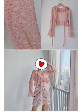 【聆家】清仓~小众玫瑰压花荷叶边系带短款开衫0.090kg两件包邮