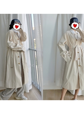 【聆家】清仓包邮~~复古赫本文艺范单排扣圆领灯笼袖风衣0.555kg