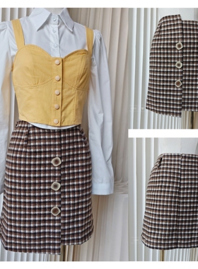 【聆家】清仓~复古格纹毛呢单排扣高腰A字短半裙0.190kg两件包邮