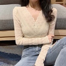 V领修身 春秋新款 性感蕾丝内搭打底衫 长袖 女装 秋冬洋气设计感上衣
