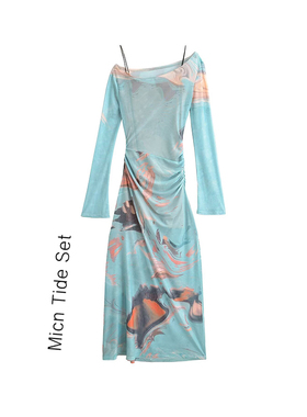 新中式油画印花网纱吊带两件长袖套装裙设计性感辣妹海边度假长裙