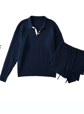 慵懒风减龄针织套装POLO领软糯麻花针织毛衣女松紧腰短裤裙两件套