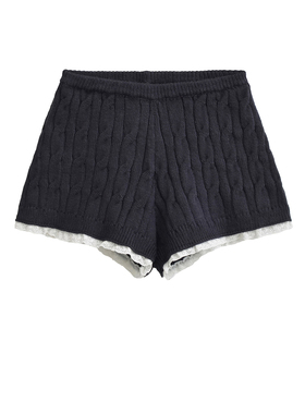 绞花设计藏蓝色针织麻花短裤女冬蕾丝花边裤子高腰显瘦打底裤靴裤