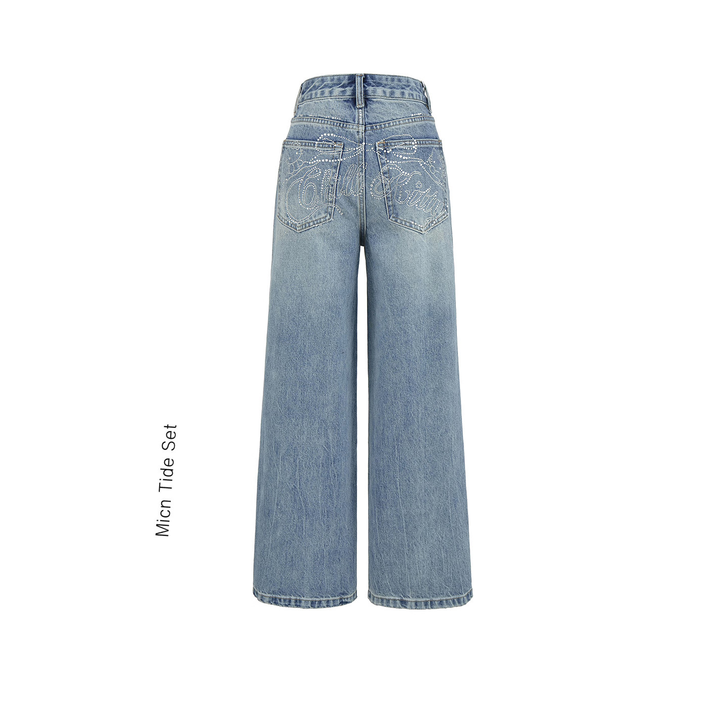 MianCun新款臀部烫钻洗水做旧直筒牛仔裤显瘦阔腿休闲弯刀长裤女