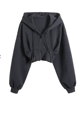 美式运动学院风灰色连帽卫衣女复古拉链收腰修身短款长袖外套潮