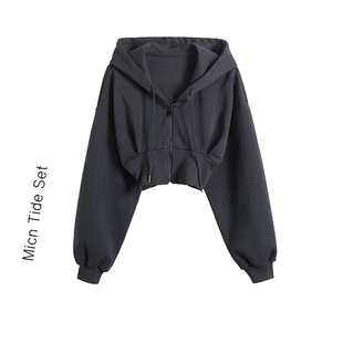 美式运动学院风灰色连帽卫衣女复古拉链收腰修身短款长袖外套潮