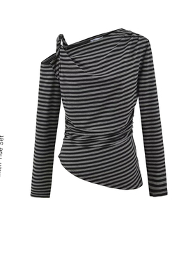 韩系慵懒高级感斜肩扭结长袖T恤女秋季新款荡领条纹不规则针织衫